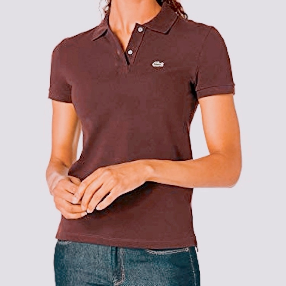LACOSTE Womenโs Short Sleeve Dark Brown Polo Shirt